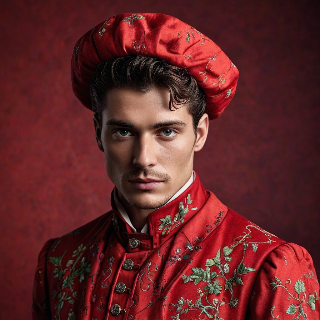 Retrato de hombre con traje rojo y estampado floral